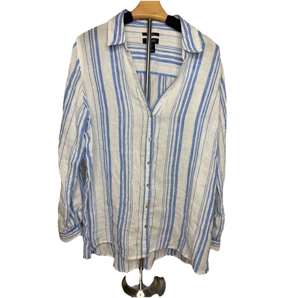 Jones & Co Jones New York 100% Linen Shirt Womens L Blue White Button Down